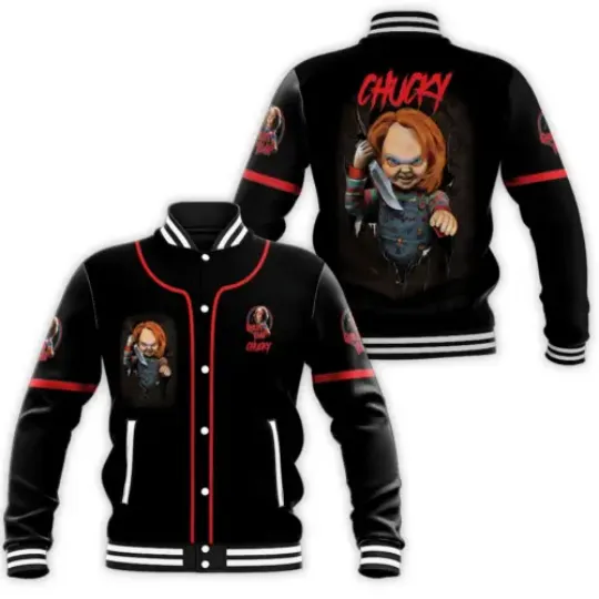 Horror Doll Chucky With Knife Happy Halloween Baseball Jacket, Horror Movie Jacket, Scary Jacket Long Sleeve For Men, Gift For Fan