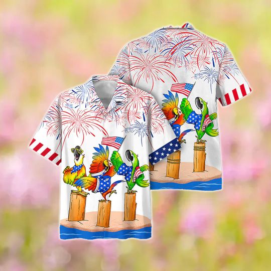 Parrot Independence Day Hawaiian Shirt, Patriotic USA Flag Hawaii Shirt, 4th Of July Button Up Short Sleeve Shirt, Memorial Day Gift