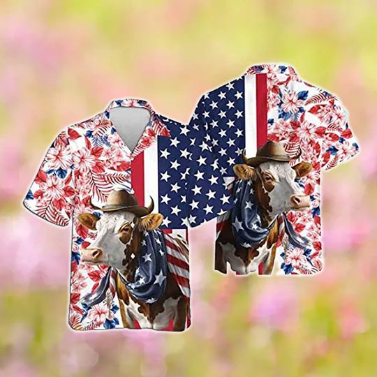 Hereford USA Flag Hawaiian Shirt, Hereford Independence Day Hawaii Shirt, Cow 4th of July Shirt, Veteran Shirt, Farm Animal Patriotic Gift