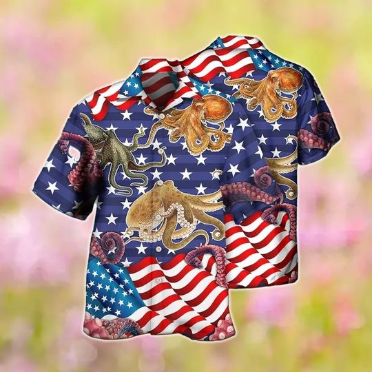 Octopus Independence Day Hawaiian Shirt, Octopus 4th of July Hawaii Shirt, Funny Octopus USA Flag Shirt, Animal Patriotic Gift