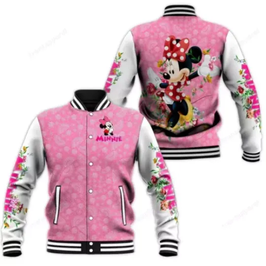Minnie Mouse Flowers Gift For Mouse Ears Fans Christmas Baseball Jacket, Donald Duck Jacket, Disney Minnie Mouse Baseball Jacket, Cartoon Movie Jacket