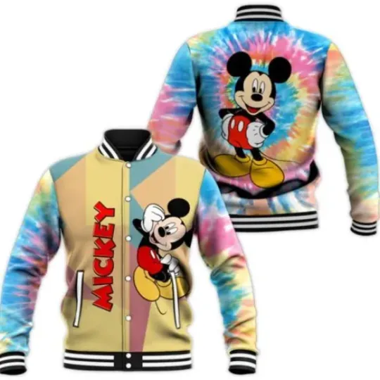 We Are Never Too Old For Mickey Tie Dye Pattern Baseball Jacket, Mickey Baseball Jacket, Disney Baseball Jacket, Cartoon Movie Jacket
