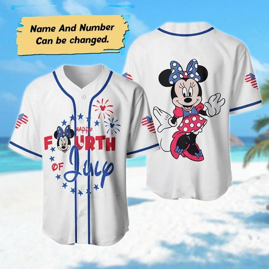 Custom Minnie Mouse Baseball Jersey, Minnie Mouse 4th of July Baseball Jersey, Cartoon US American Flag Jersey Shirt, Magic Kingdom Gift