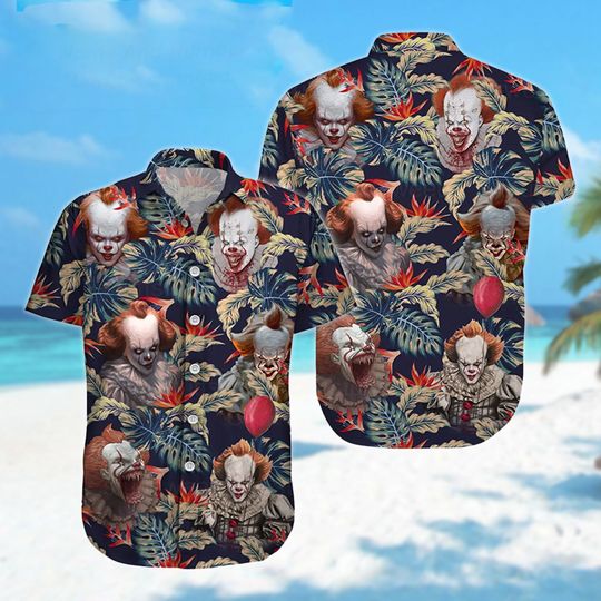 Pennywise Tropical Hawaiian Shirt, Horror Clown IT With Red Balloon Hawaii Shirt, Pennywise Halloween Hawaii Shirt, Summer Trip Beach Shirt