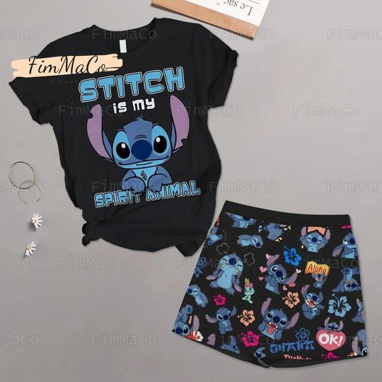 Stitch Tshirt Shorts Set, Disney Comfortable Sleepwear For Kids Adult, 2 piece/set, Disney Merch