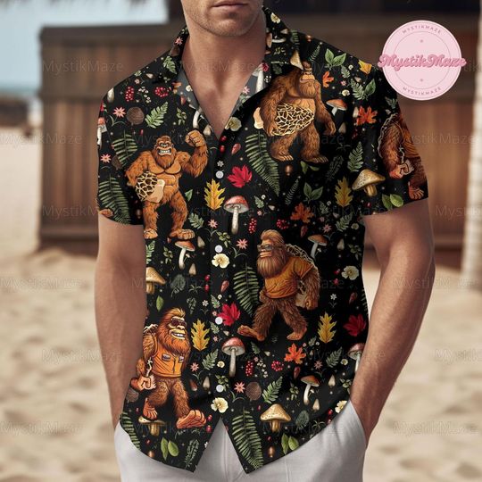 Bigfoot Button Shirt, Bigfoot Holding Mushroom Shirt, Bigfoot Hawaiian Shirt, Bigfoot Summer Shirt, Bigfoot Hawaii Shirt, Gift For Him