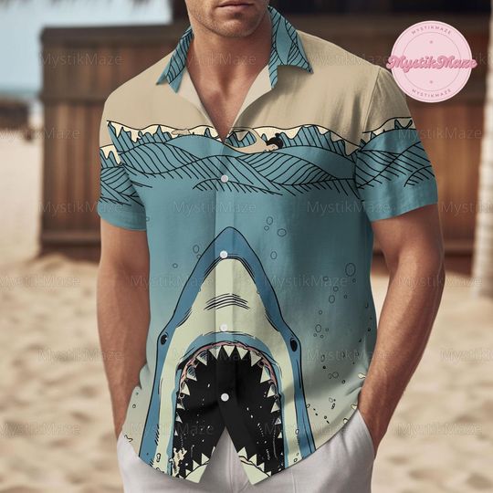 Jaws Shark Button Shirt, Jaws Hawaiian Shirt, Jaws Shark Hawaii Shirt, Jaws Button Up Shirt, Jaws Summer Shirt, Jaws Hawaii Shirt