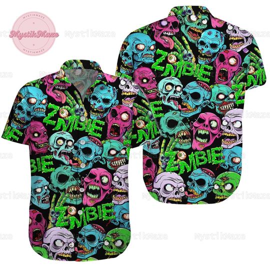Zombie Button Shirt, Zombie Hawaiian Shirt, Skull Button Shirt, Zombie Summer Shirt, Zombie Beach Shirt, Zombie Vacation Shirt