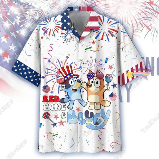 BlueyDad 4th Of July Hawaiian Shirt, BlueyDad And Bingo Vacation Hawaiian Shirt for Men, Women, Kids, Trending Casual Fashion