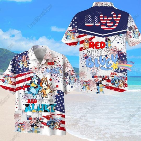 BlueyDad 4th Of July Button Shirt, BlueyDad And Bingo Hawaiian Shirt for Men, Women, Kids, Trending Casual Fashion