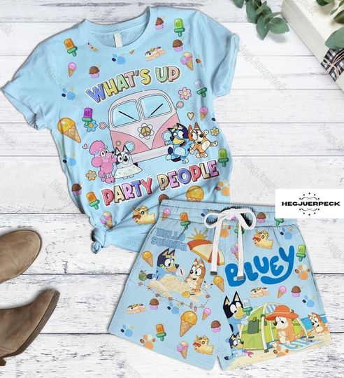 Blueydad Short Pajama Shirt, Blue Dog Short Sleeve Shirt and Shorts for Party People, Shirts For Women, Cute Cartoon Fashion