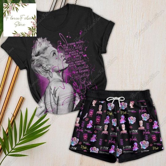 P!nk Short Pajama Set for Adult Kids, Round Neck Short Sleepwear, 2 PCS/Set, Cartoon Merch, Summer Shorts