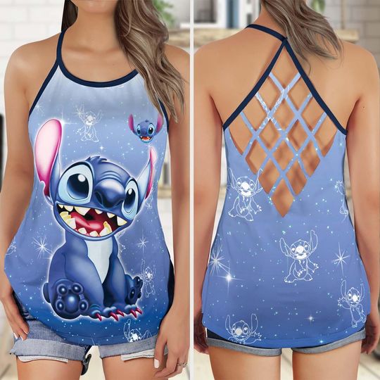 Stitch Criss Cross Tank Top, Stitch Cartoon Tank Top, Disney Character Tank Tops