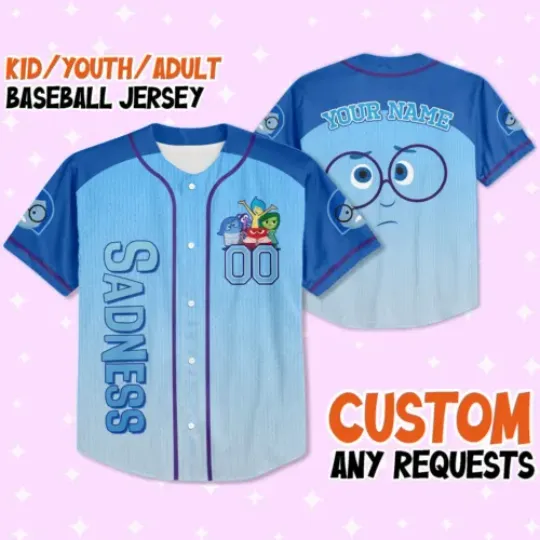 Custom Inside Out Sadness Blue Cosplay Baseball Jersey, Matching Baseball Team, Hip Hop Sports Shirt