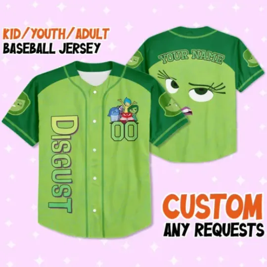 Custom Inside Out Disgust Green Cosplay Baseball Jersey, Matching Baseball, Hip Hop Sports Shirts