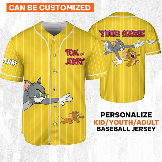 Personalize Tom & Jerry Running Yellow Style Baseball Jersey | Polyester Fabric | Comfortable | Good anti-wrinkle | Gift For Father | All Size Available
