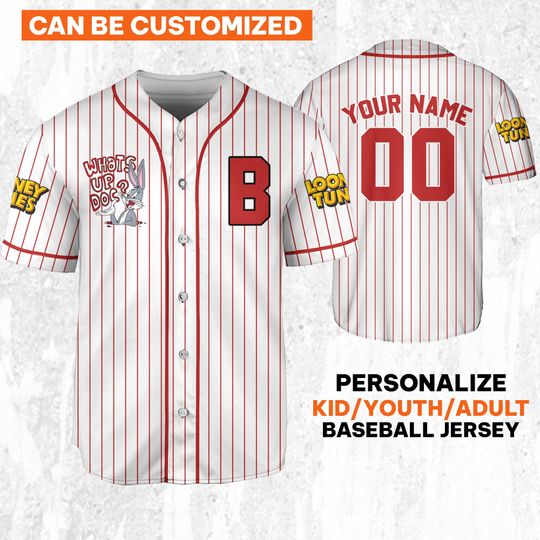 Personalize Looney Tunes Bugs Bunny Red White, Baseball Team Outfit, Gift for Space Jamz Fans, Disneyland Jersey, Family Jersey