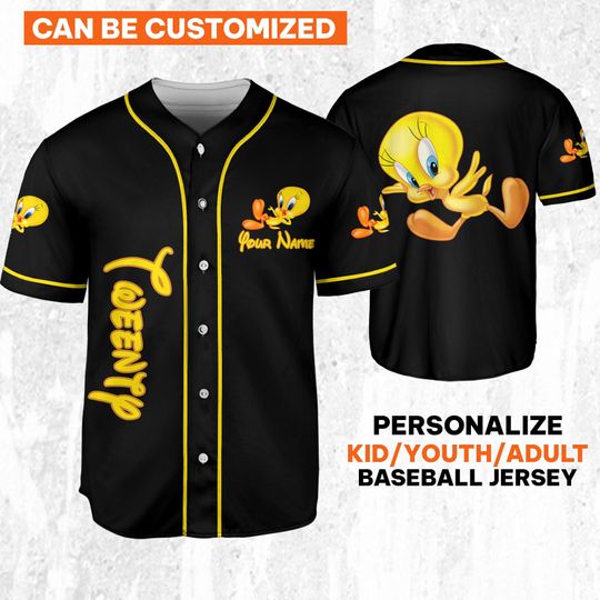 Personalize Looney Tunes Tweety Black Yellow, Baseball Team Outfit, Gift for Space Jamz Fans, Disneyland Jersey, Family Jersey