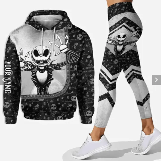 Christmas Nightmare Jack Skellington Hoodie Leggings Set, Womens Disney Yoga Hoodie Leggings Fashion Tracksuit Set