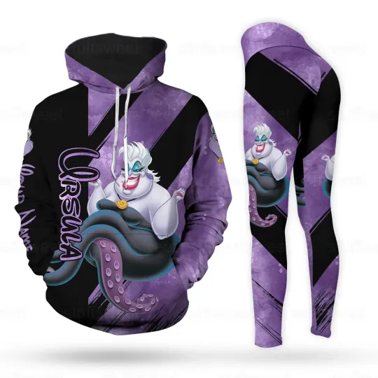2024 The Little Mermaid Ursula Hoodie Leggings Set, Women's Disney Yoga Leggings Sweatpants Hoodie Fashion Womens Suit