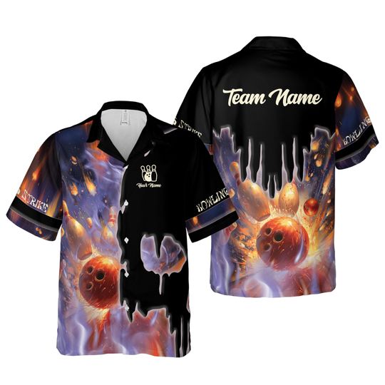 Personalized Bowling Strike Hawaiian Shirt, Hawaii Bowling Team Shirt, Button Down Bowling Kid Shirt Team, Gift For Bowlers