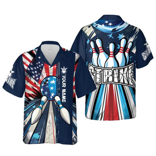 Personalized Strike America Bowling Hawaiian Shirt, Hawaii Bowling Team Shirt, Button Down Bowling Kid Shirt Team, Gift For Bowlers