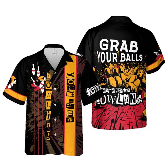 Personalized GRAB YOUR BALLS Bowling Hawaiian Shirt, Hawaii Bowling Team Shirt, Button Down Bowling Kid Shirt Team, Gift For Bowlers
