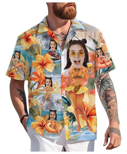 Custom Hawaiian Shirt with Face for Men Women, Personalized Hawaiian Gifts for Girlfriend Boyfriend Couple, Tropical Beach Button Down Shirt