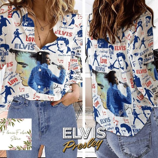 Elvis Presley Linen Shirt, Elvis Casual Shirt, King Of Rock And Roll Shirt, Blouses Tops Women, Long Sleeve Shirt, Linen Button Shirt