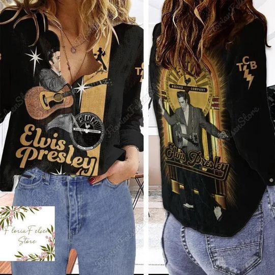Elvis Presley Linen Shirt, Vintage Elvis Shirt, King Of Rock And Roll Shirt, Long Sleeve Shirt, Blouses Tops Women, Linen Button Shirt