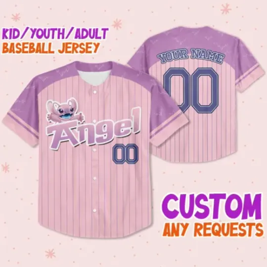 Discover Custom Lilo and Stitch Angel Pink Baseball Jersey, Matching Baseball Team Outfit, Shirt For Men Women Adult, Trending Street Fashion