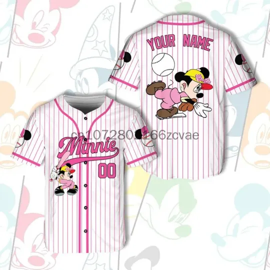 Discover 2024 Disney Minnie Baseball Jersey, Streetwear Fashion Summer Custom Name Men's And Women's Short Sleeved Baseball Shirt
