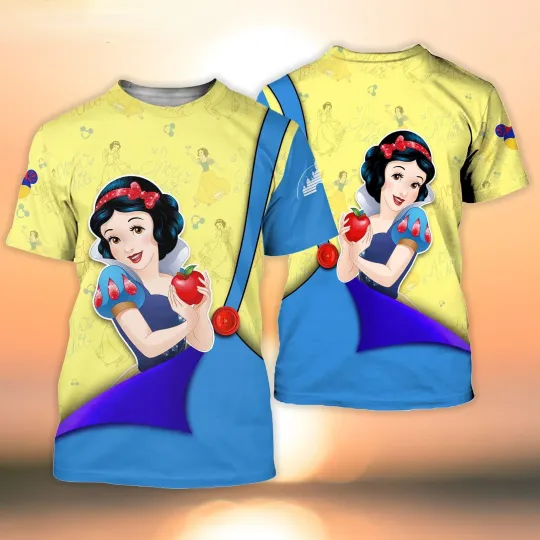 Disney Princess  3D Tshirt, Disney Cartoon 3D T-Shirt, 2024 Summer New Disney Snow White Princess Blue Cross Comic Book Patterns Short Sleeve