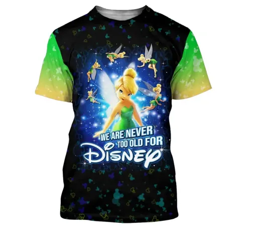 Disney Tinker 3D Tshirt, Disney Cartoon Cartoon 3D T-Shirt, Summer 2024 New Tinker Bell Never Too Old For Green Black Short Sleeve