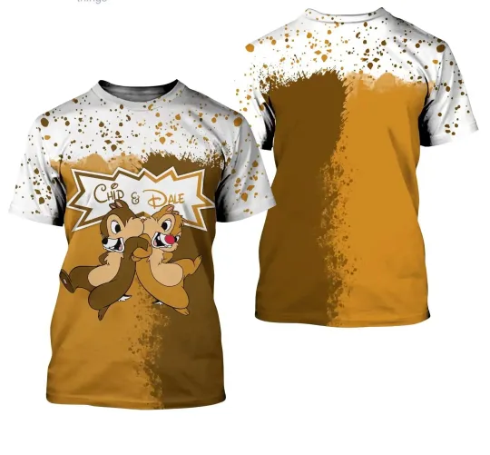 Disney Chip And Dale Chipmunks 3D Tshirt, Disney Cartoon 3D T-Shirts, 2024 New Disney Chip And Dale Chipmunks Brown Splatter Paint