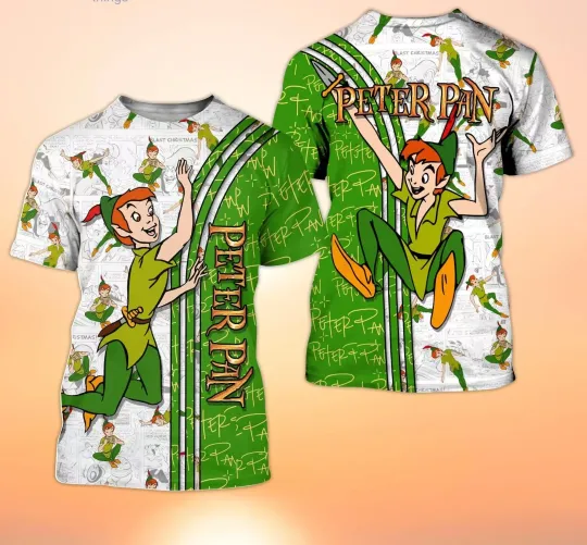 Disney Peter Pan 3D Tshirt, Disney Cartoon 3D T-Shirt, Summer New Green Peter Pan Cross Comic Book Patterns Short Sleelves