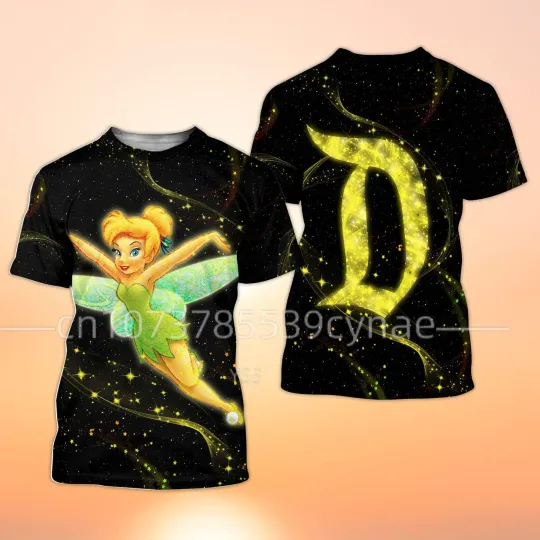 Disney Green Tinker Bell  3D Tshirt, Disney Cartoon 3D Oversize Women's T-shirt, 2024 New Green Tinker Bell Cross Comic Book Patterns Short Sleelves