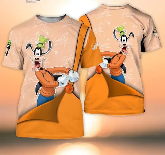 Disney Goofy Orange 3D Tshirt, Disney Cartoon 3D T-Shirt, Summer Disney Goofy Orange Button Overalls Patterns Short Sleelves