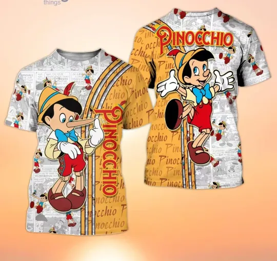 Disney Pinocchio Orange 3D Tshirt, Disney Cartoon 3D T-Shirt, Summer New Disney Pinocchio Orange Cross Comic Book Patterns Short Sleelves