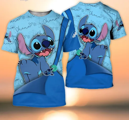 Disney Stitch Blue 3D Tshirt, Disney Cartoon Three-Dimensional T-Shirt, 2024 Summer New Disney Stitch Blue Pattern Short Sleelves