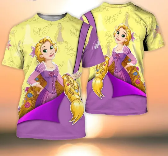 Disney Rapunzel Tangled Purple 3D Tshirt, Disney Cartoon 3D T-Shirt, Summer New Rapunzel Tangled Purple Pattern Short Sleelves