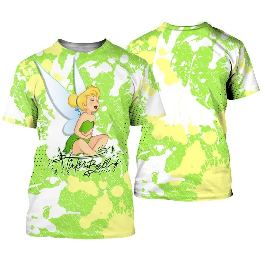Disney Green Tinker Bell 3D Tshirt, Green Tinker Bell Cross Comic Book Patterns Disney Cartoon 3D Oversize Men T-Shirt Short Sleeve