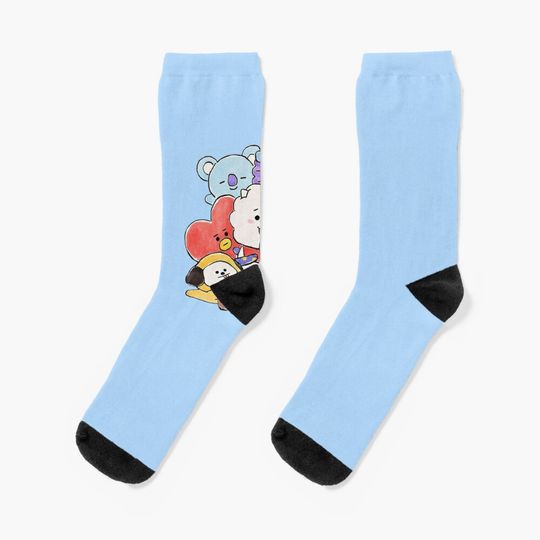 BT21 Hand Drawn Cooky Shooky, Chimmy, Tata, Van, Mang, RJ, Koya Sticker Socks, Cute & Cozy Gift for Unisex, Trending Fashion Gifts
