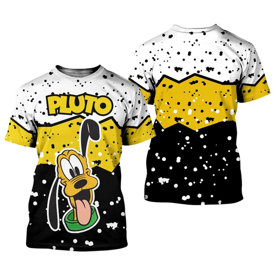 Disney Pluto 3D Tshirt,  Dog Ink Paint Splatter Yellow Black Disney Graphic Cartoon Outfits Unisex All Over Print T-shirts Clothing Men Women