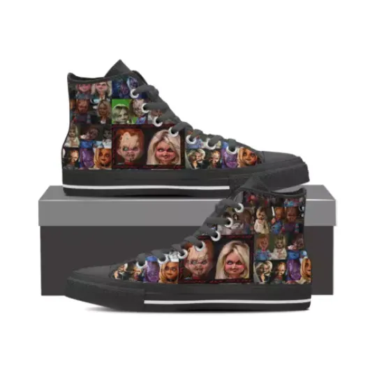 Horror Movies Chucky and Tiffany Classic Black Printed high top canvas shoes, Canvas Men's Shoes, Breathable Canvas Sneakers, Men Comfort High Top Sneakers