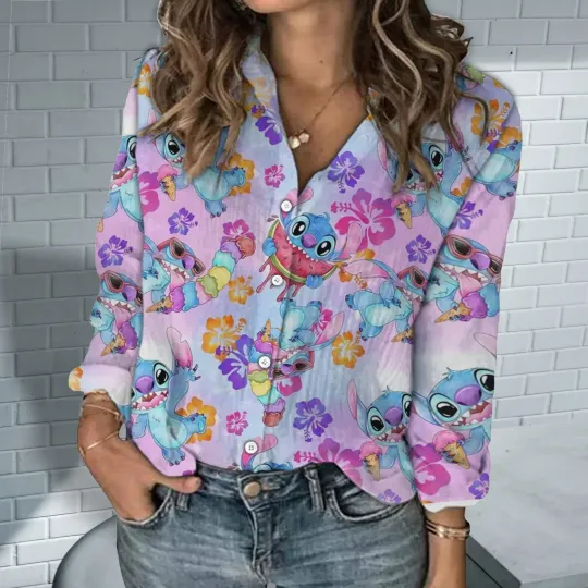 Disney Stitch Women's Blouses Shirt, Fashion Elegant Long Sleeve Button Up Shirt Disney Women's Shirt, Casual Beach Shirt Y2K Top