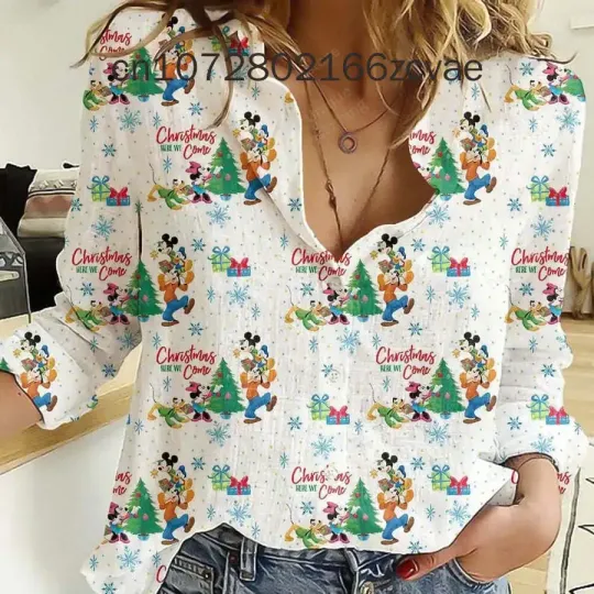 New Christmas Long sleeved Women's Blouses Shirt, Fashionable and Elegant Button Shirt, Disney Mickey Women's Shirt