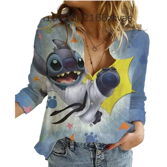 2024 New Disney Stitch Women's Blouses Long sleeved Shirt, Fashionable and Elegant Button Shirt, Disney Hawaii Y2K Casual Women's Shirt