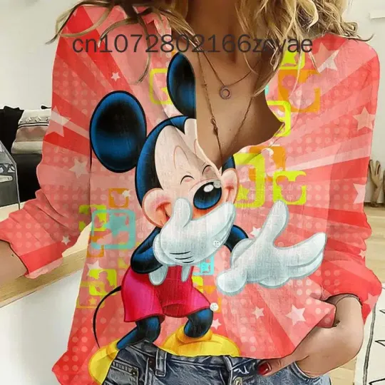 2024 New Disney Mickey Women's Blouses Long sleeved Shirt, Fashionable and Elegant Button Shirt, Disney Casual Hawaii  Women's Shirt