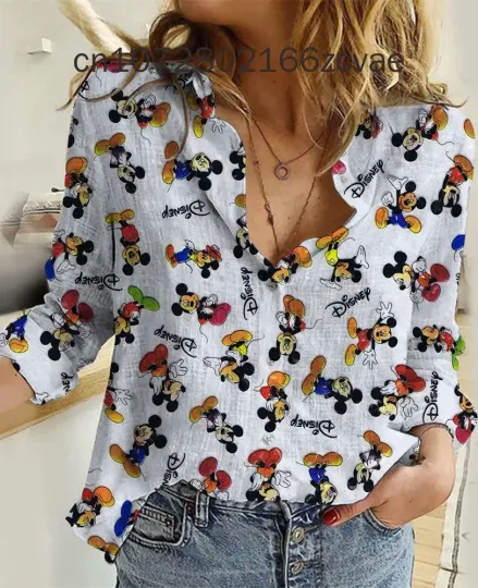 New Women's Blouses Casual Shirt, Disney Minnie Mouse Print Fashionable Y2k Street Clothing Summer Long Sleeved Women's Shirt